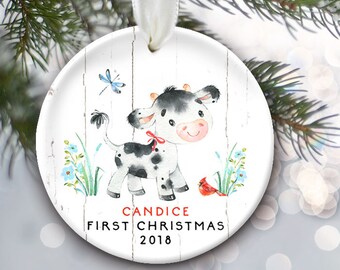 Babies First Christmas Ornament, Baby Girl Personalized Gift, Baby Boy Custom Gift, Baby Calf Ornament, Heifer or Steer, Toddler Gift OR610