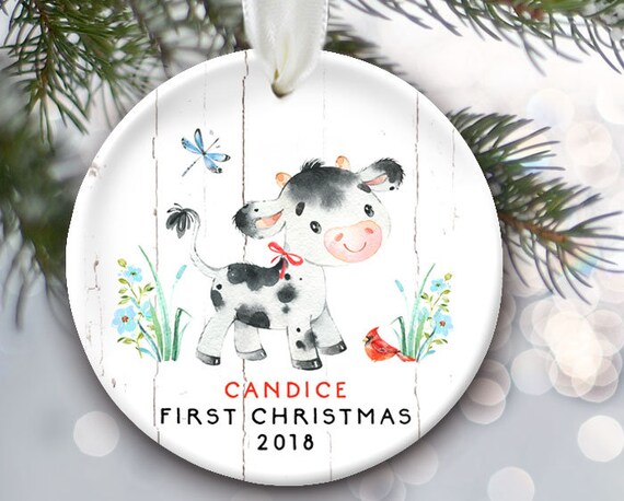 Gender Neutral Ornament Cow Baby 1st Christmas Ornament New Baby Gift Holiday Baby Ornament Personalized Baby First Christmas Ornament