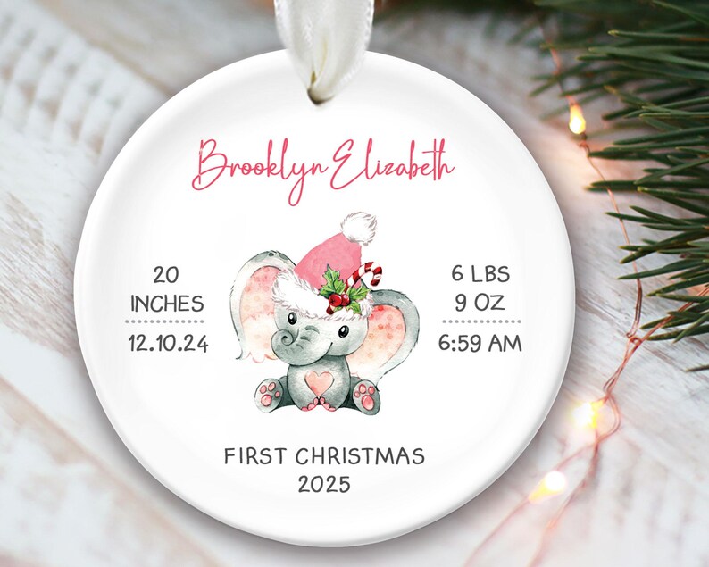 Elephant Baby stats ornament, Babys First Christmas Ornament Personalized Baby Boy Gift or Baby Girl Gift, Newborn keepsake OR617 Pink