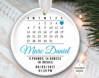 Babys First Christmas Ornament Personalized Baby Boy Gift with Baby's name, Baby Stats and Calendar for Grandparents or baby keepsake OR546