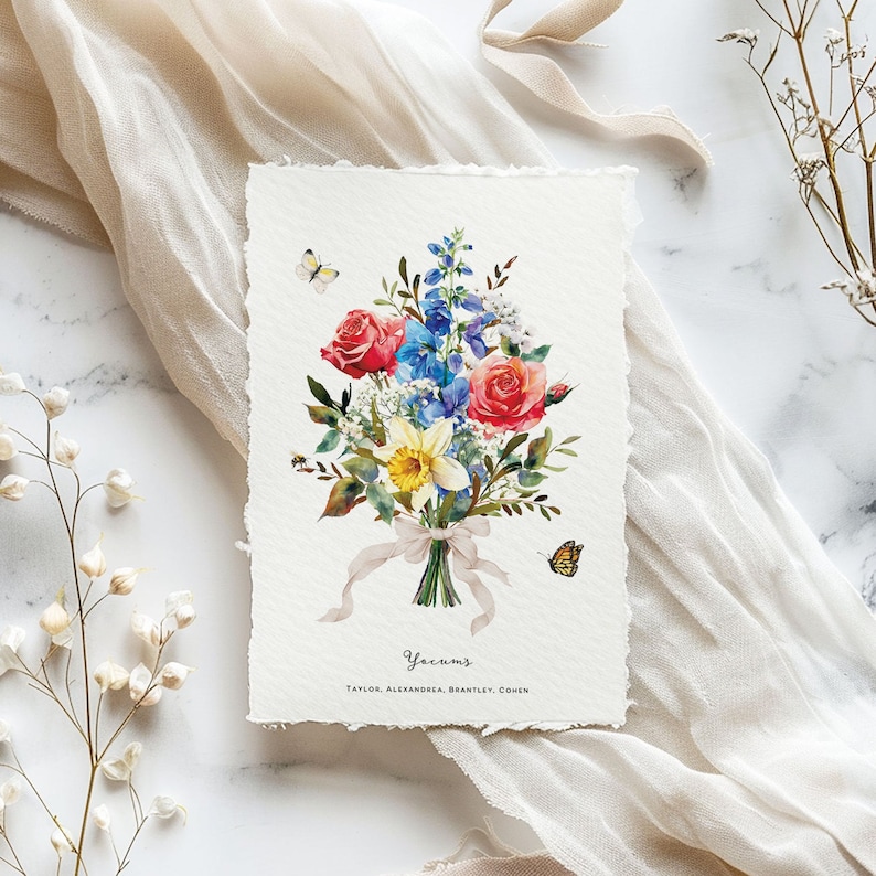 Art Print Custom Grandma Giftpersonalized family art, custom floral print, family name wall decor, watercolor bouquet, birth month flowers, family tree alternative, grandparents gift, anniversary present, Mother's Day gift, Christmas gift, housewarming present, wedding gift, customizable wall art, family portrait alternative, botanical family art, sentimental home decor, Our Family Garden print, family keepsake, colorful floral illustration, personalized text art