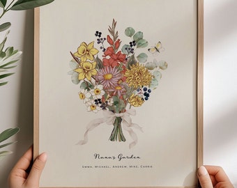 Birth Flower Gift for Grandma Garden Birth Month Art Print Birthday Gift for Mom Personalized Family Wall Art Antique Floral Bouquet AR130