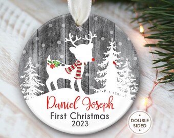 Babys First Christmas Ornament Personalized Deer Ornament Baby boy Christmas Ornament Baby Girl Baby Christmas ornament Gray fake wood OR976