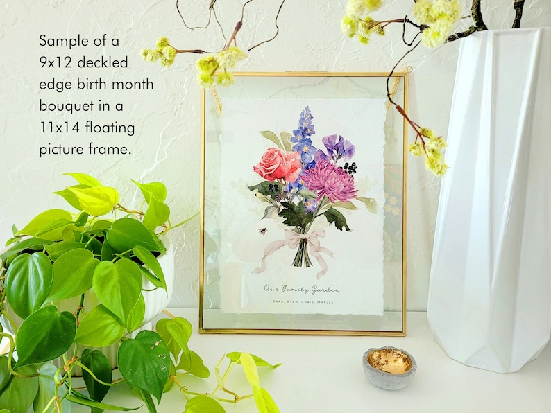 Deckled edge birth flower art print personalized family art, custom floral print, family name wall decor, watercolor bouquet, birth month flowers, family tree alternative, grandparents gift, anniversary present, Mother's Day gift, Christmas gift, housewarming present, wedding gift, customizable wall art, family portrait alternative, botanical family art, sentimental home decor, Our Family Garden print, family keepsake, colorful personalized text art Personalized Family Art Custom Floral Print