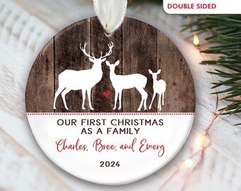 Deer Family of 3 Personalized Christmas Ornaments - Family of three Deer Ornament - Faux "wood" First Christmas as a Family Ornament OR791