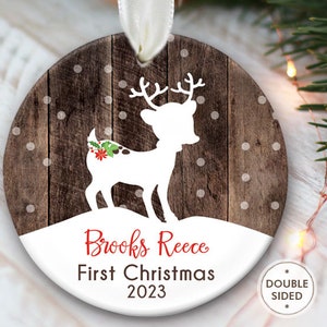 Baby's First Christmas Ornament, Personalized Christmas Ornaments, Fawn Ornament, Deer Ornament, Rustic ornament, faux fake wood OR373