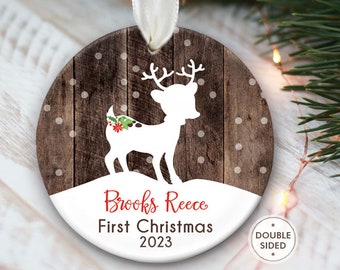 Baby's First Christmas Ornament, Personalized Christmas Ornaments, Fawn Ornament, Deer Ornament, Rustic ornament, faux fake wood OR373