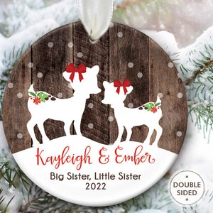 Sibling Ornament, Big Brother, Little Sister, Big Sister, Little Brother, Personalized Christmas Ornament, Deer Ornament fake "wood"