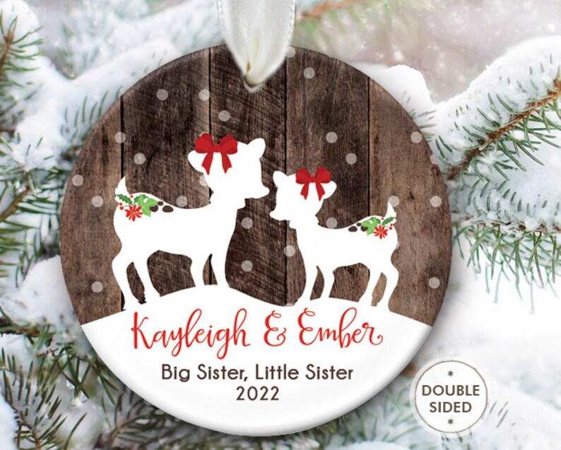 Sibling Ornament, Big Brother, Little Sister, Big Sister, Little Brother, Personalized Christmas Ornament, Deer Ornament fake "wood"