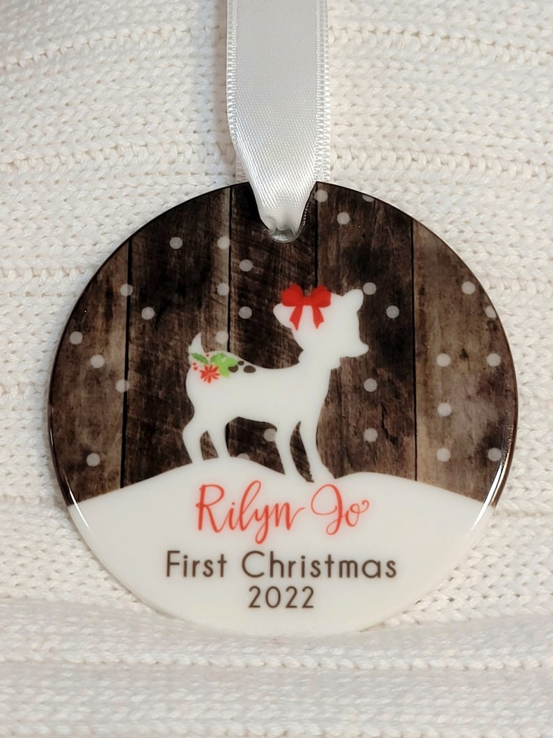 Baby's First Christmas Ornament, Baby Girl ornament Fawn Deer Personalized Christmas Ornament Baby shower gift Deer Ornament Fake Wood OR363 image 3