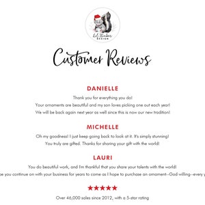 Puede incluir: Opiniones de clientes para adornos con una calificaci&oacute;n de 5 estrellas. M&aacute;s de 46.000 ventas desde 2012. Testimonios de Danielle, Michelle y Lauri.