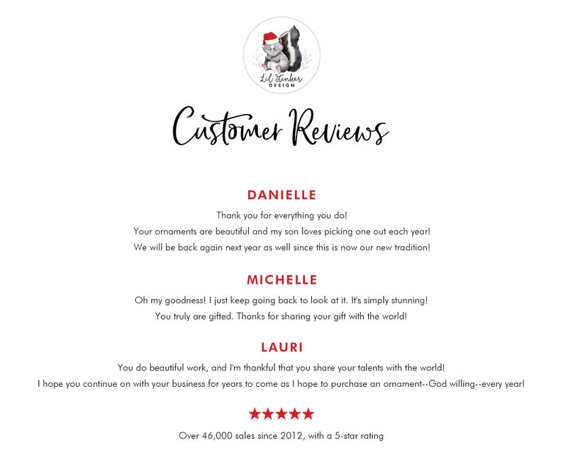 Puede incluir: Opiniones de clientes para adornos con una calificaci&oacute;n de 5 estrellas. M&aacute;s de 46.000 ventas desde 2012. Testimonios de Danielle, Michelle y Lauri.