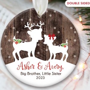 Sibling Ornament, Big Brother, Little Sister, Big Sister, Little Brother, Personalized Christmas Ornament, Deer Ornament fake "wood"