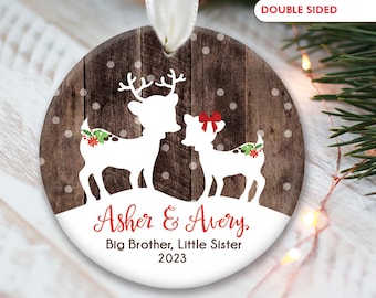 Sibling Ornament, Big Brother, Little Sister, Big Sister, Little Brother, Personalized Christmas Ornament, Deer Ornament fake "wood" OR064