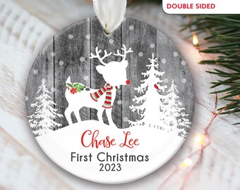 Babys First Christmas Ornament Personalized Deer Ornament Baby boy Christmas Ornament Baby Girl Baby Christmas ornament Gray fake wood OR976