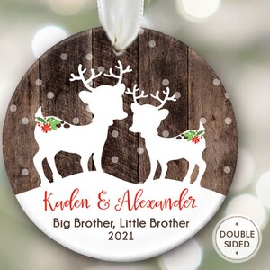 Sibling Ornament, Big Brother, Little Sister, Big Sister, Little Brother, Personalized Christmas Ornament, Deer Ornament fake "wood"