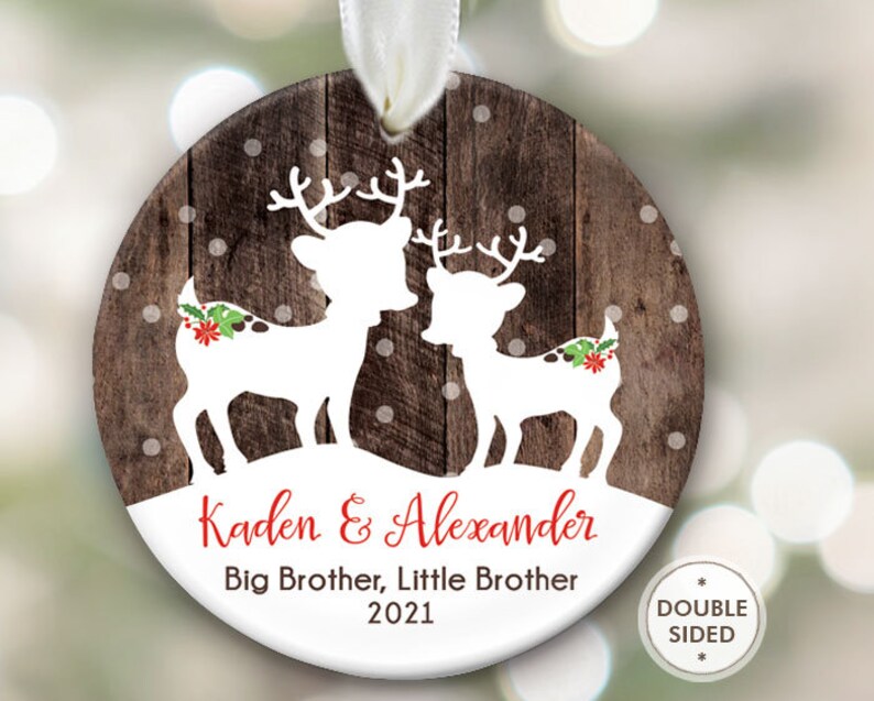 Sibling Ornament, Big Brother, Little Sister, Big Sister, Little Brother, Personalized Christmas Ornament, Deer Ornament fake "wood"