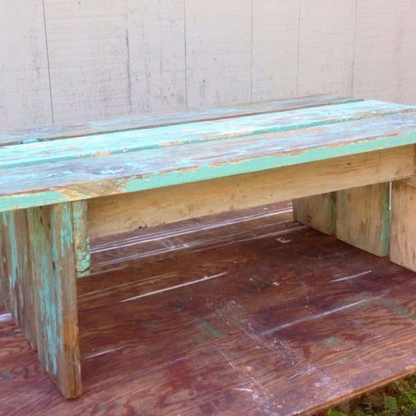 Unique Aqua Seaglass Plant Bench - Weathered Chippy Paint Table - Six Legged Repurposed Seat