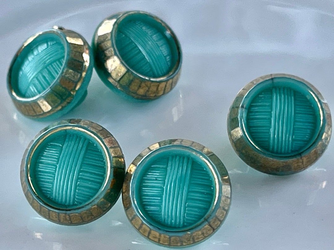 Turquoise Vintage Glass Buttons With Gold Rim Etsy