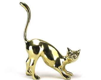 LARGE Vintage Brass Cat Figurine - Gold Kitty Kat Kitten Door Stop Statue - Baby Nursery Decor Hollywood Regency Mid Century Cat Lover Gifts