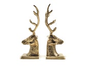 Vintage Brass Deer Head Bookends - Gold Reindeer - Stag Buck Head Antlers - Christmas Holiday Woodlands Wedding Decor - Hollywood Regency