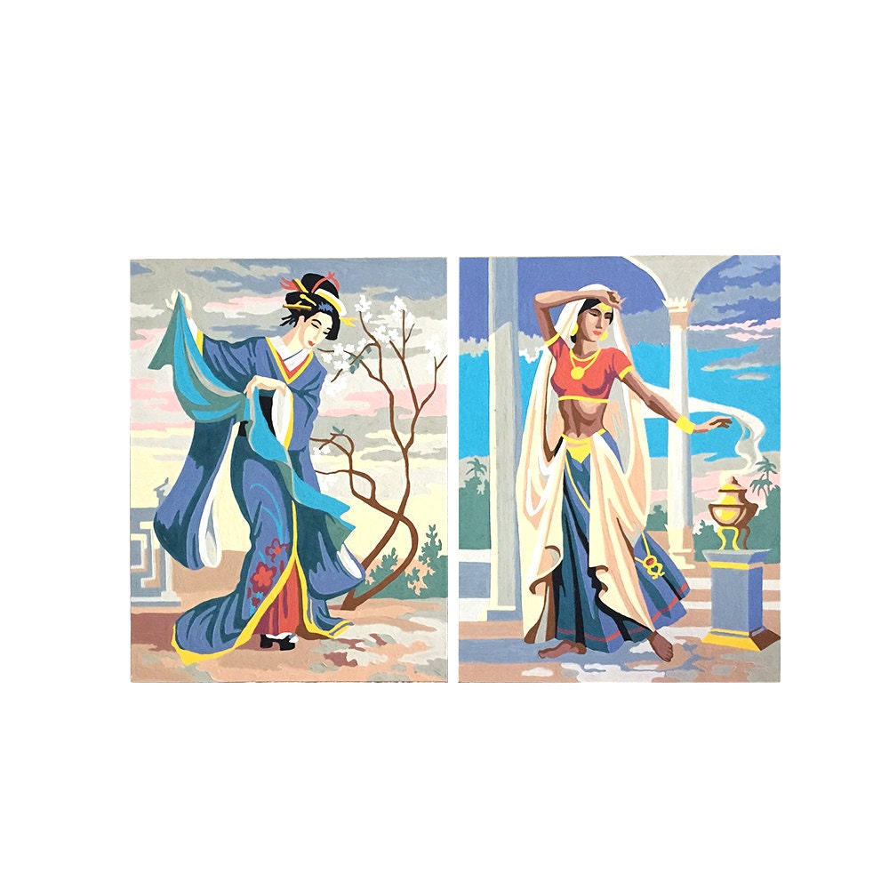 TWO Vintage Asian Paint By Number Oriental & Indian Artwork Etsy