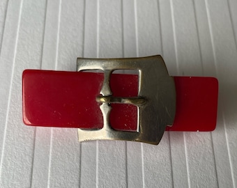 Vintage Red Bakelite and Metal Buckle Pin Lapel Brooch from 1930s
