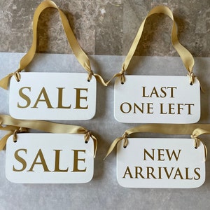Hanging Retail Sale Custom signage with ribbons, Personalized storefront boutique display signs, Set of 4