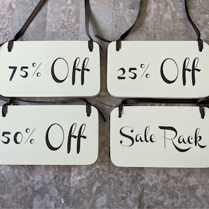 Business Display Sign Set of 4 Hanging Retail Sale Custom signage with ribbons, Personalized for storefront boutique Farmers Markets