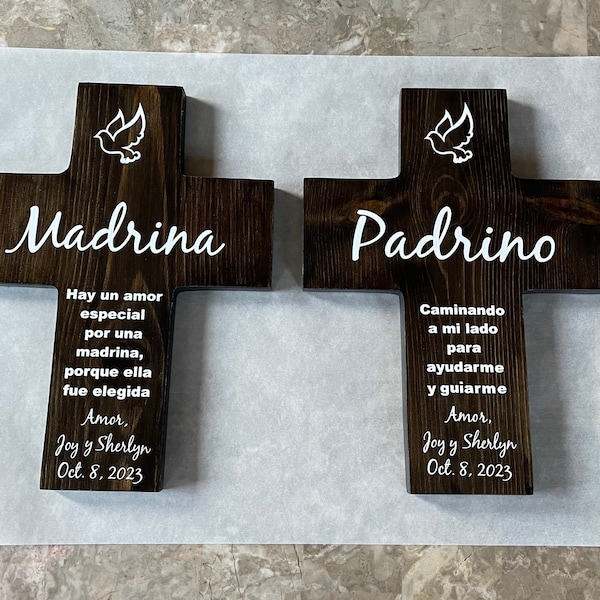 Spanish Godparent Padrino Madrina wall cross set. Personalized Baptism gift for Padrinos, Christening gift