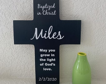 Personalized Baptism Cross Gift - Baptized in Christ - Name - May you grow in the light of God's Love with Date. Gift for Boy or Girl