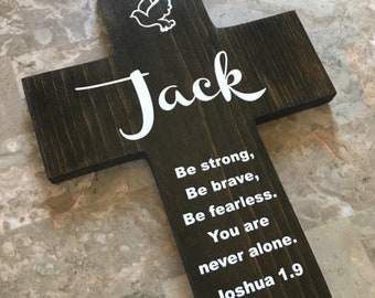 Baptism Gift - Personalized Wooden Cross - Bible verse Joshua 1:9 - Christening, Dedication, First Holy Communion, Baby Presents