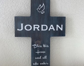 Personalized Wooden Cross with Family Blessing - Last Name Pine Wood Cross with Dove and Quote Poem, LARGE 17"x11", housewarming gift