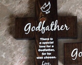 Godfather Personalized Wood Wall Cross - Godparent Proposal Gift For Baptism Communion Catholic present shown in coco dark stain and white