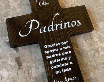 Spanish Padrinos Personalized Wood Wall Cross - Godparent Proposal Gift For Baptism  Bautizo - Catholic -Regalo Para