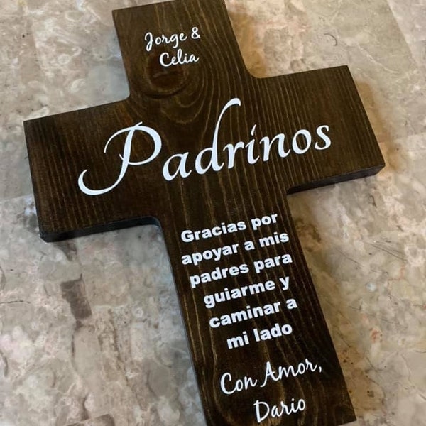 Spanish Padrinos Personalized Wood Wall Cross - Godparent Proposal Gift For Baptism  Bautizo - Catholic -Regalo Para