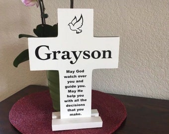 Personalized Wood Cross with stand, May God watch over you , gift for Christening, Baptism gift for boy, first communion or life event