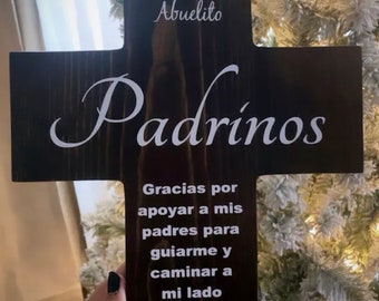 In Spanish Padrinos Personalized Wooden Wall Cross, give a spiritual Godparent proposal present gift for baptism bautizo