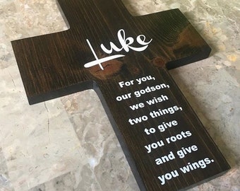 Godson Personalized Wood Cross Gift with roots and wings saying, Baptism gift for boy, Easter, Birthday, First communion, Spiritual gift,