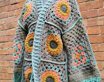 Crochet Cardigan _ granny square _ patchwork _vintage _ retro _ flower power _ 70's _ winter _ festival _ hat _ duck egg blue_