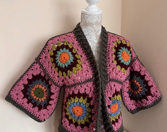 Crochet Cardigan _ granny square _ patchwork _vintage _ retro _ flower power _ 70's _ winter _ festival _ hat _ baby pink