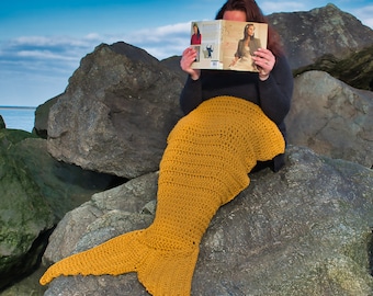 Hand made Mermaid Tail Blankets / nautical theme / mustard / crochet / Birthday party favours/Christmas/sleep overs/Mother's day/Pj's