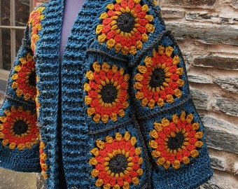 Crochet Cardigan _ granny square _ patchwork _vintage _ retro _ flower power _ 70's _ winter _ festival _ hat _ mustard