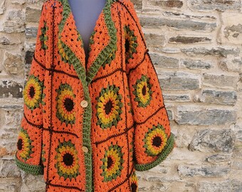 Crochet Cardigan _ granny square _ patchwork _vintage _ retro _ flower power _ 70's _ winter _ festival _ hat _ mustard