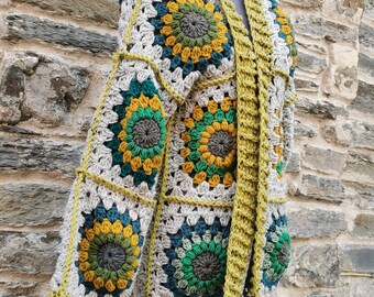 Crochet Cardigan _ granny square _ patchwork _vintage _ retro _ flower power _ 70's _ winter _ festival _ hat _ duck egg blue_