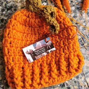 May include: Orange crocheted pumpkin hat with a green crocheted stem and leaves. The hat is handmade and has a tag that says "Finger Finery Hand made originals Made in Cardigan".