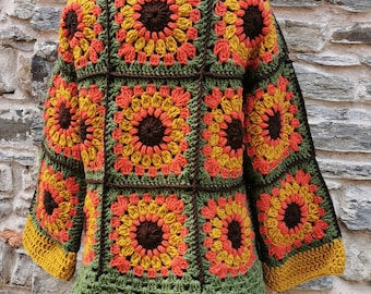 Crochet Cardigan _ granny square _ patchwork _vintage _ retro _ flower power _ 70's _ winter _ festival _ hat _ mustard