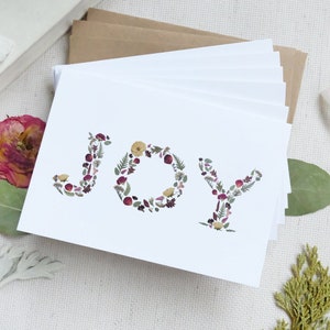 Holiday Note Cards, Set of 6, Joy, pretty floral Christmas, Botanical Letters Christmas Cards, printed note card set image 4