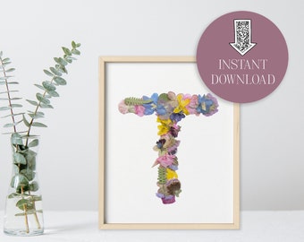 Printable Pressed Flower Monogram - Letter T (instant download)