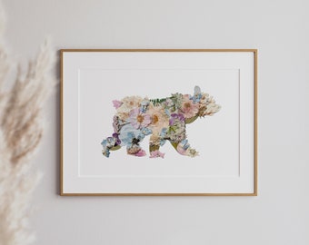 Bear Art made with Pressed Flowers,  8x10 digital reproduction print